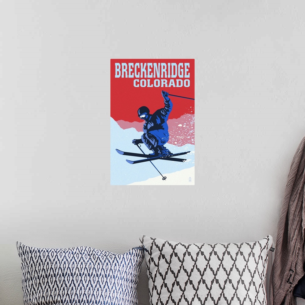 A bohemian room featuring Breckenridge, Colorado - Colorblocked Skier: Retro Travel Poster