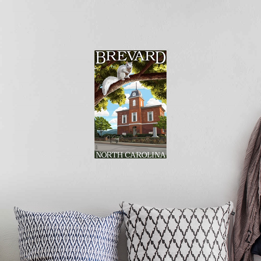 A bohemian room featuring Brevard, North Carolina - Courthouse and White Squirrel: Retro Travel Poster