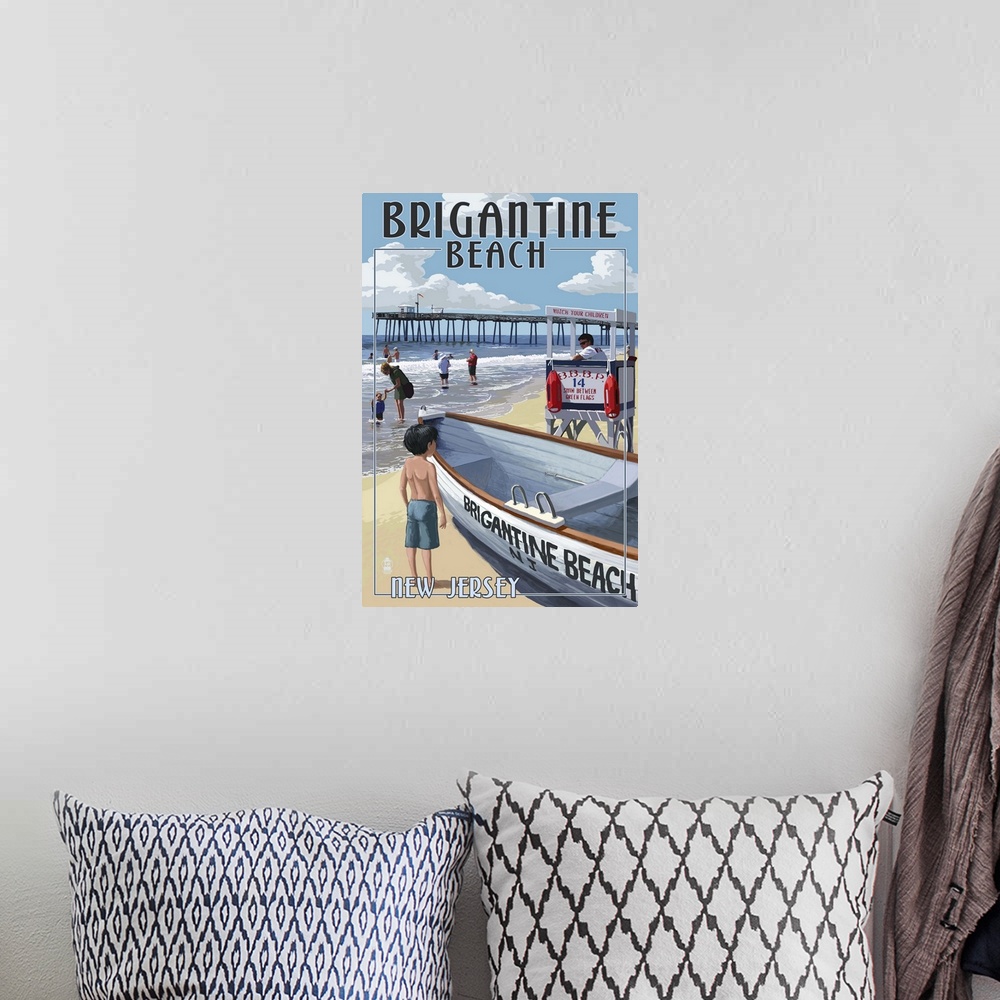 A bohemian room featuring Brigantine Beach, New Jersey - Lifeguard Stand: Retro Travel Poster
