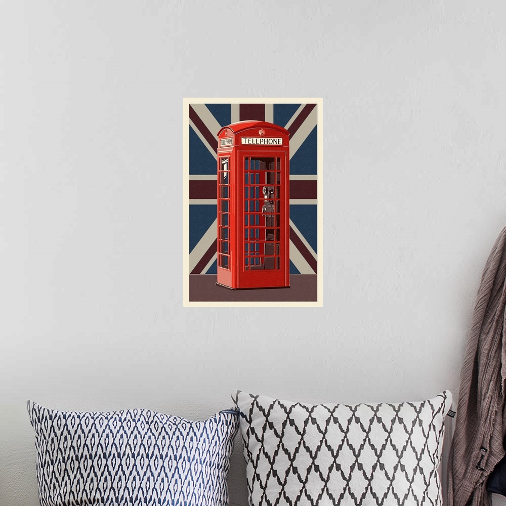 A bohemian room featuring British Phone Booth - Letterpress: Retro Art Poster
