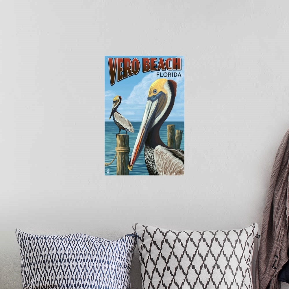 A bohemian room featuring Retro stylized art poster of two sea birds pearched on the edge of a pier.
