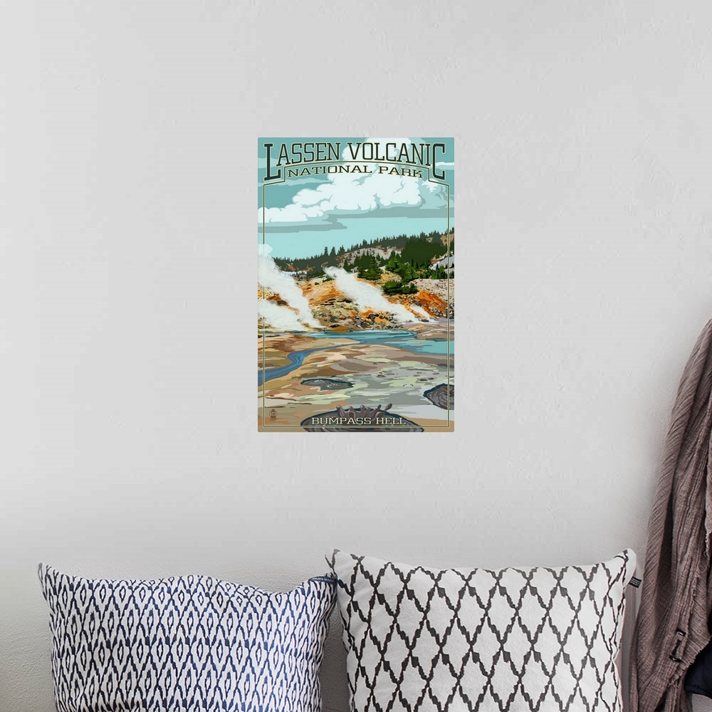 A bohemian room featuring Retro stylized art poster of volcanic hot spring, with steam rising.