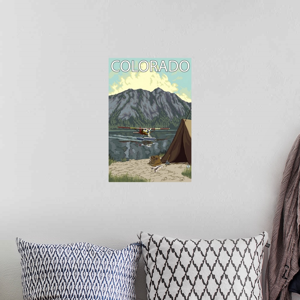 A bohemian room featuring Bush Plane Fishing - Colorado: Retro Travel Poster