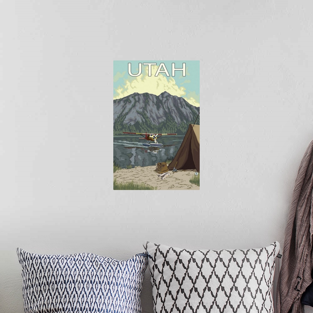 A bohemian room featuring Bush Plane Fishing - Utah: Retro Travel Poster