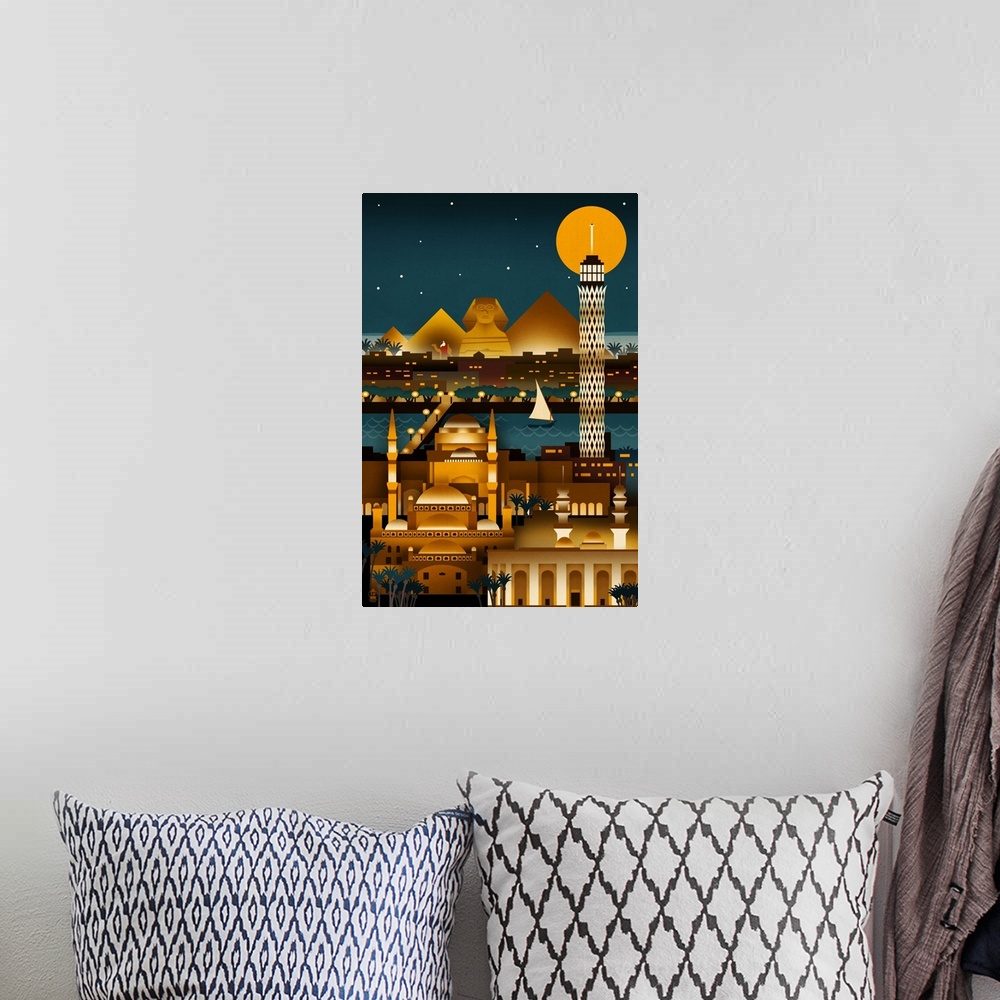 A bohemian room featuring Cairo, Egypt, Retro Skyline