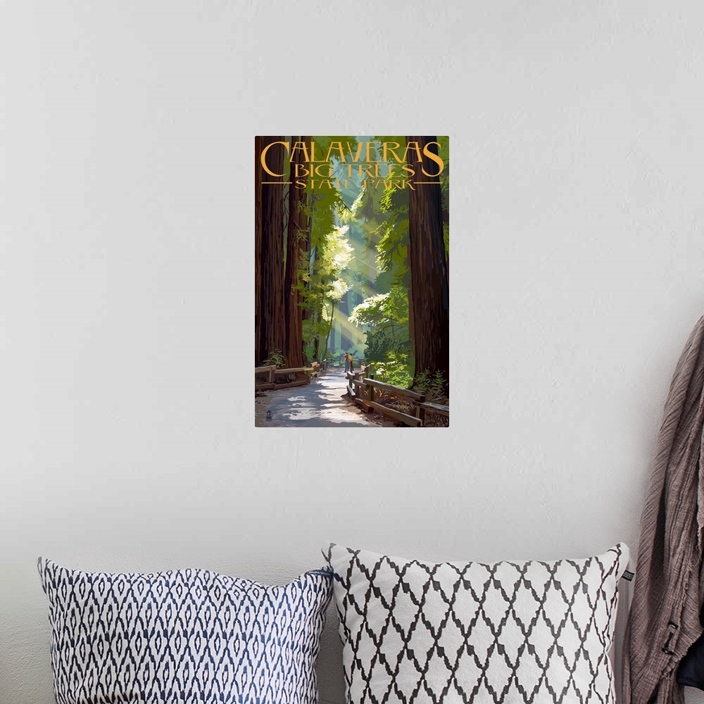 A bohemian room featuring Calaveras Big Trees State Park - Pathway in Trees: Retro Travel Poster