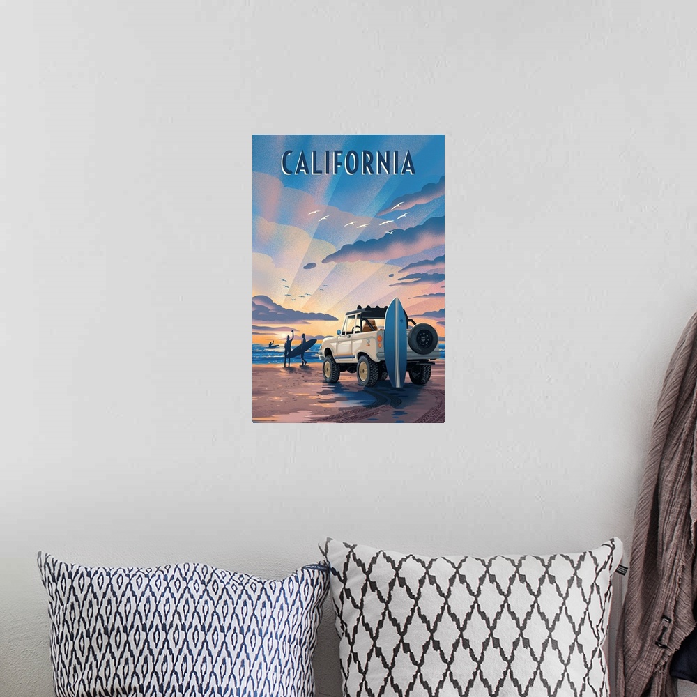 A bohemian room featuring California - Beach Lithograph
