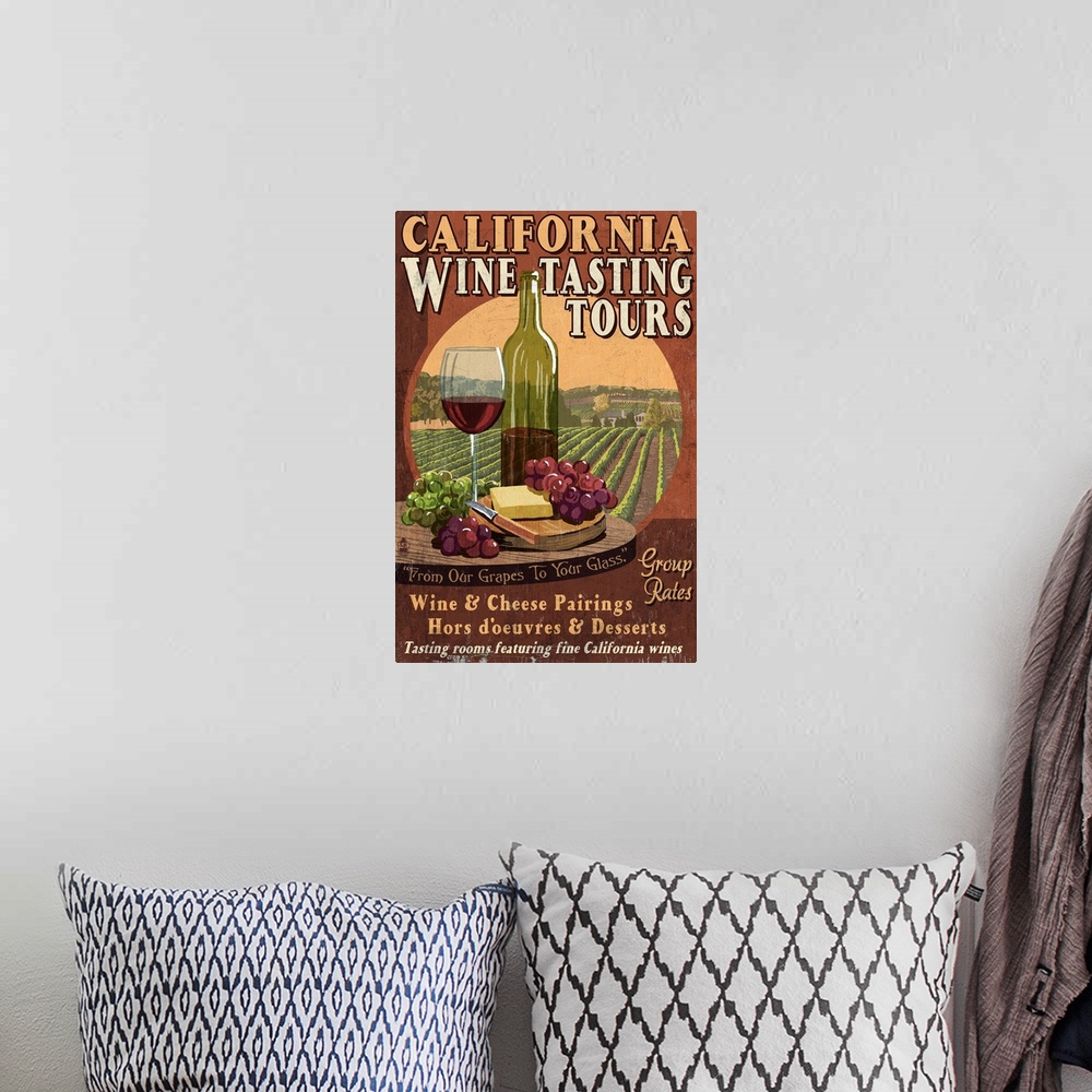 A bohemian room featuring A retro stylized art poster advertising vineyard tours with a bottle, glass of vine, grapes, and ...