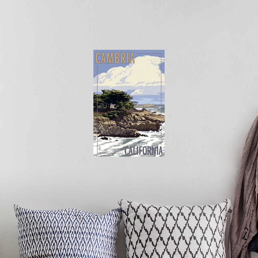A bohemian room featuring Cambria, California - Rocky Shore: Retro Travel Poster