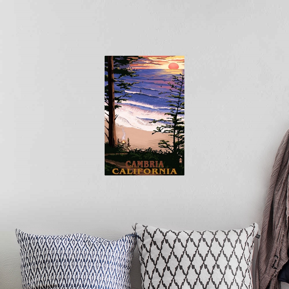 A bohemian room featuring Cambria, California - Sunset and Surfers : Retro Travel Poster