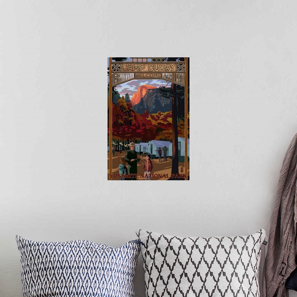 A bohemian room featuring Camp Curry - Yosemite National Park, California: Retro Travel Poster