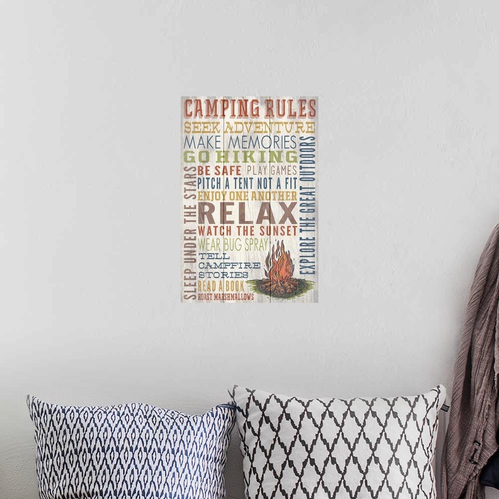 A bohemian room featuring Camping Rules Typography