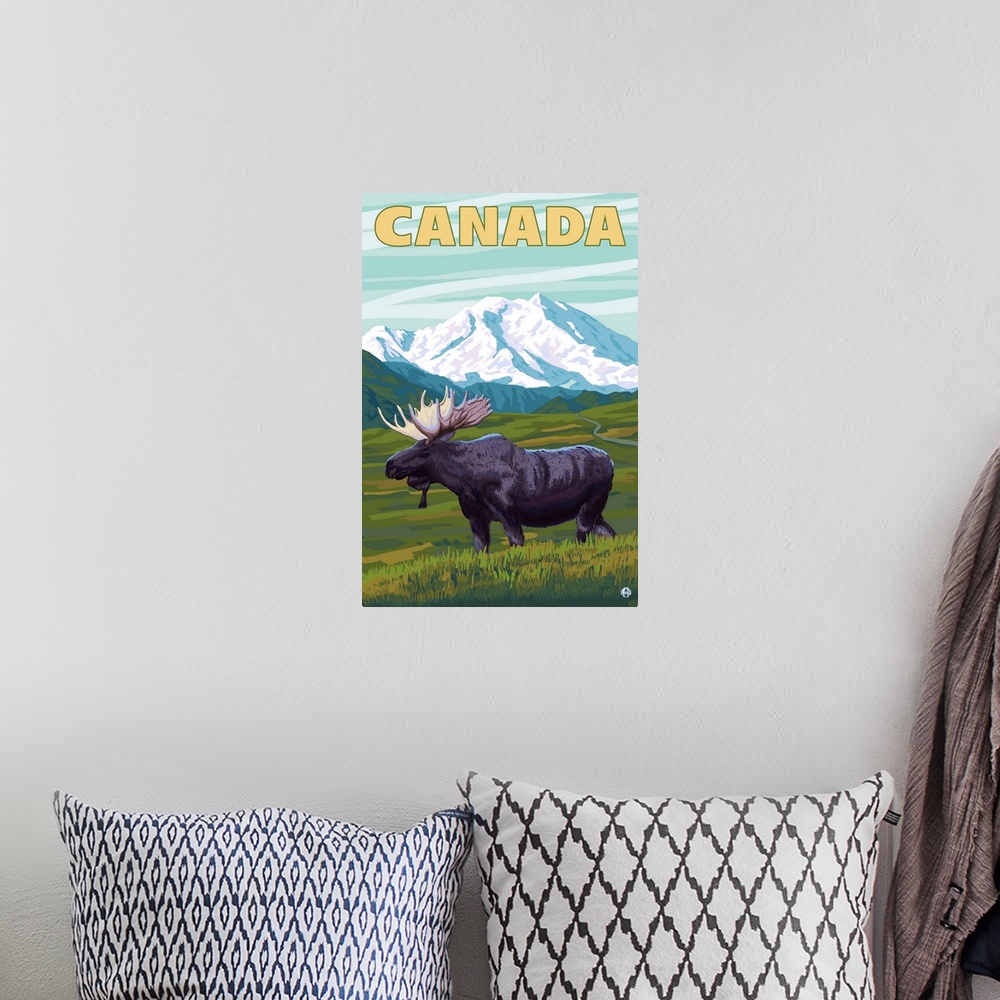 A bohemian room featuring Canada - Moose and Mountain: Retro Travel Poster