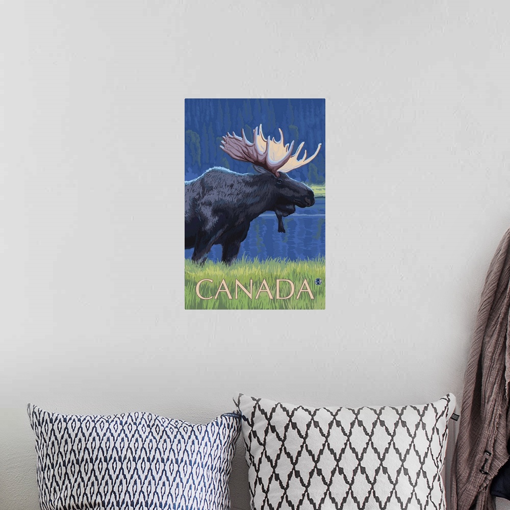 A bohemian room featuring Canada - Night Moose: Retro Travel Poster