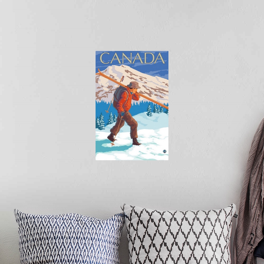 A bohemian room featuring Canada - Skier Carrying Skis: Retro Travel Poster