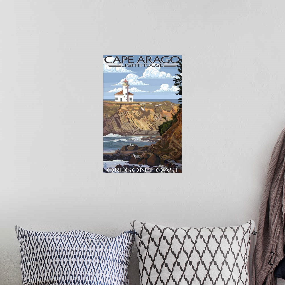 A bohemian room featuring Cape Arago Lighthouse - Oregon Coast: Retro Travel Poster