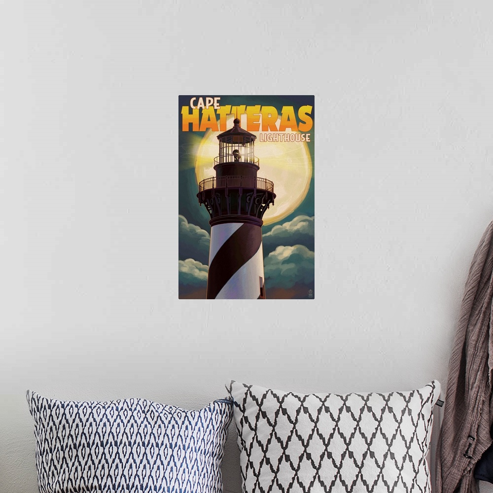 A bohemian room featuring Cape Hatteras Lighthouse Full Moon - Outer Banks, North Carolina: Retro Travel Poster