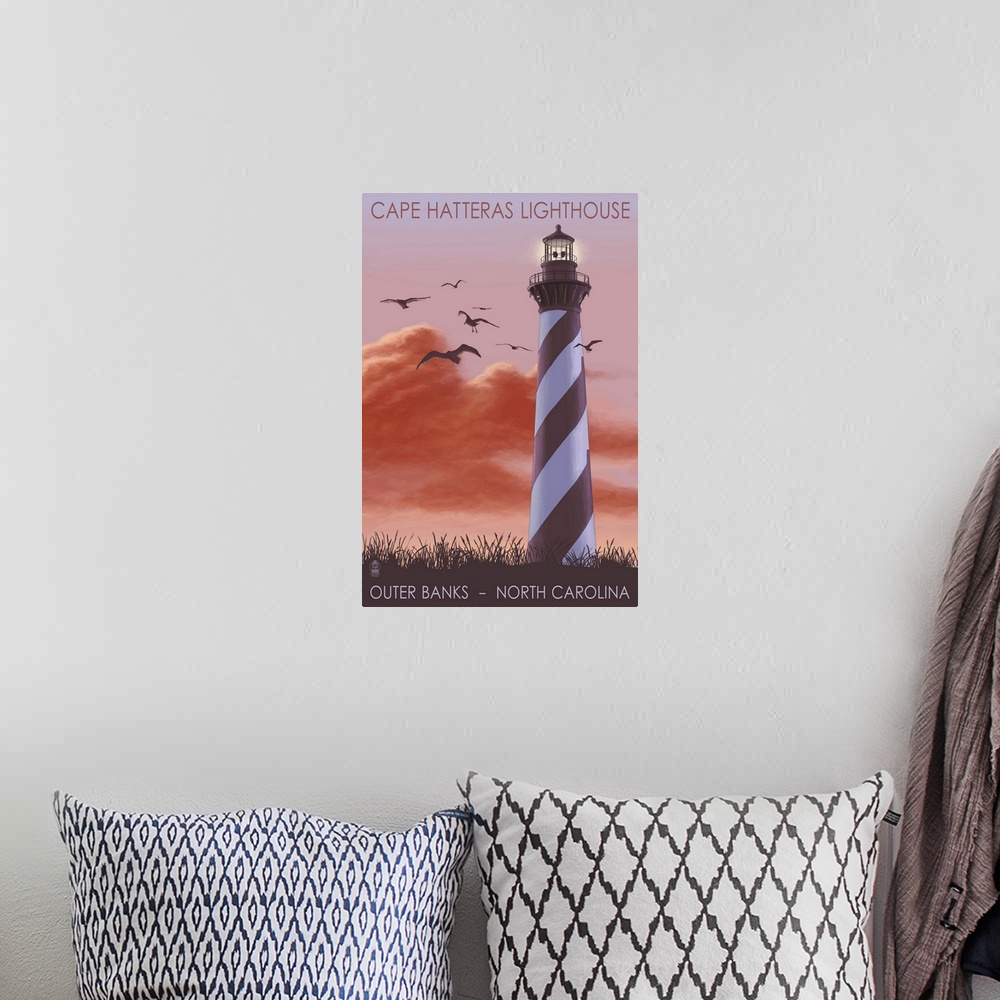 A bohemian room featuring Cape Hatteras Lighthouse - North Carolina - Sunrise: Retro Travel Poster