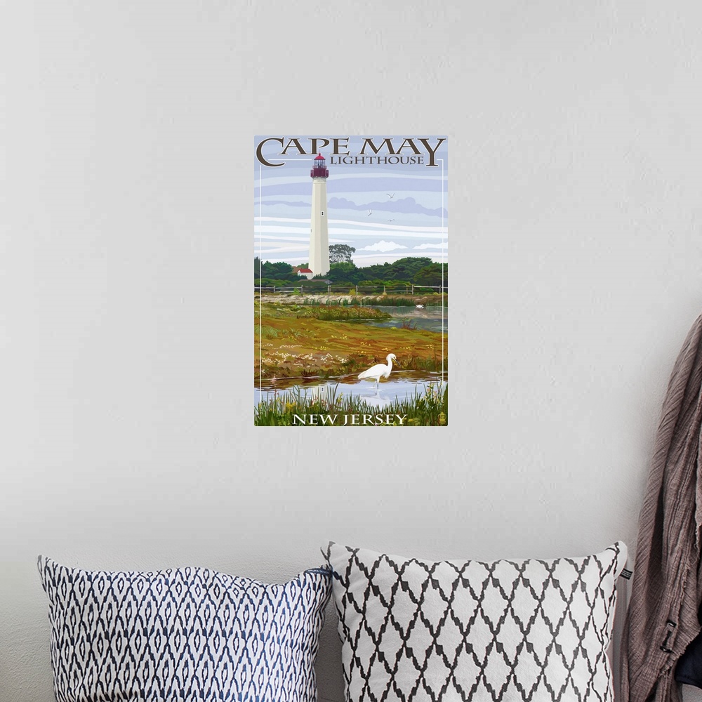 A bohemian room featuring Cape May Lighthouse - New Jersey Shore: Retro Travel Poster