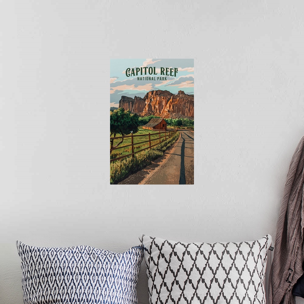 A bohemian room featuring Capitol Reef National Park, Gifford Homestead: Retro Travel Poster