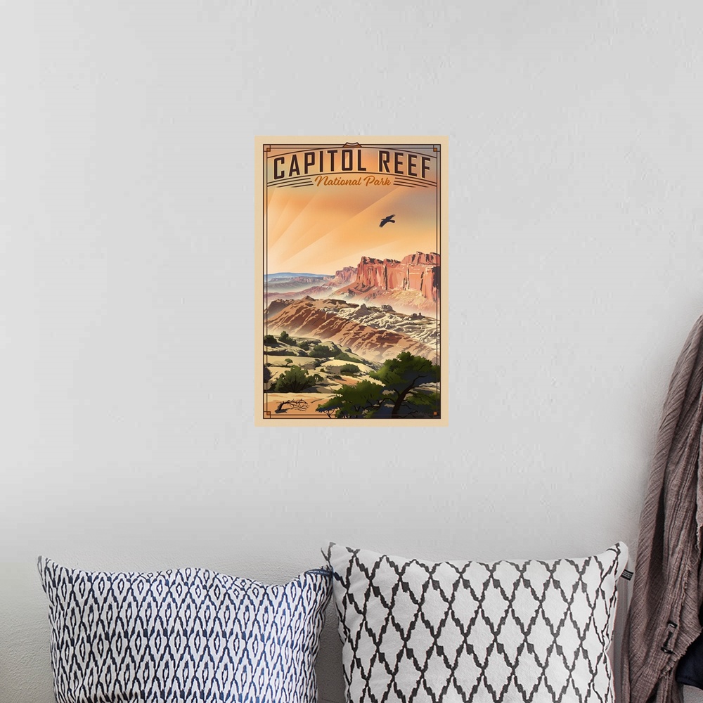 A bohemian room featuring Capitol Reef National Park, Natural Landscape: Retro Travel Poster