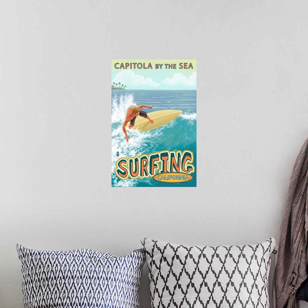 A bohemian room featuring Capitola, California - Capitola By the Sea Surfer Scene: Retro Travel Poster