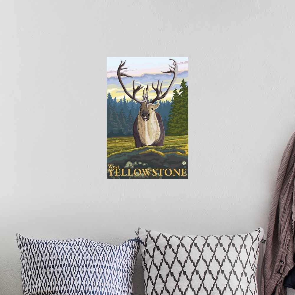 A bohemian room featuring Caribou in the Wild - West Yellowstone, MT: Retro Travel Poster
