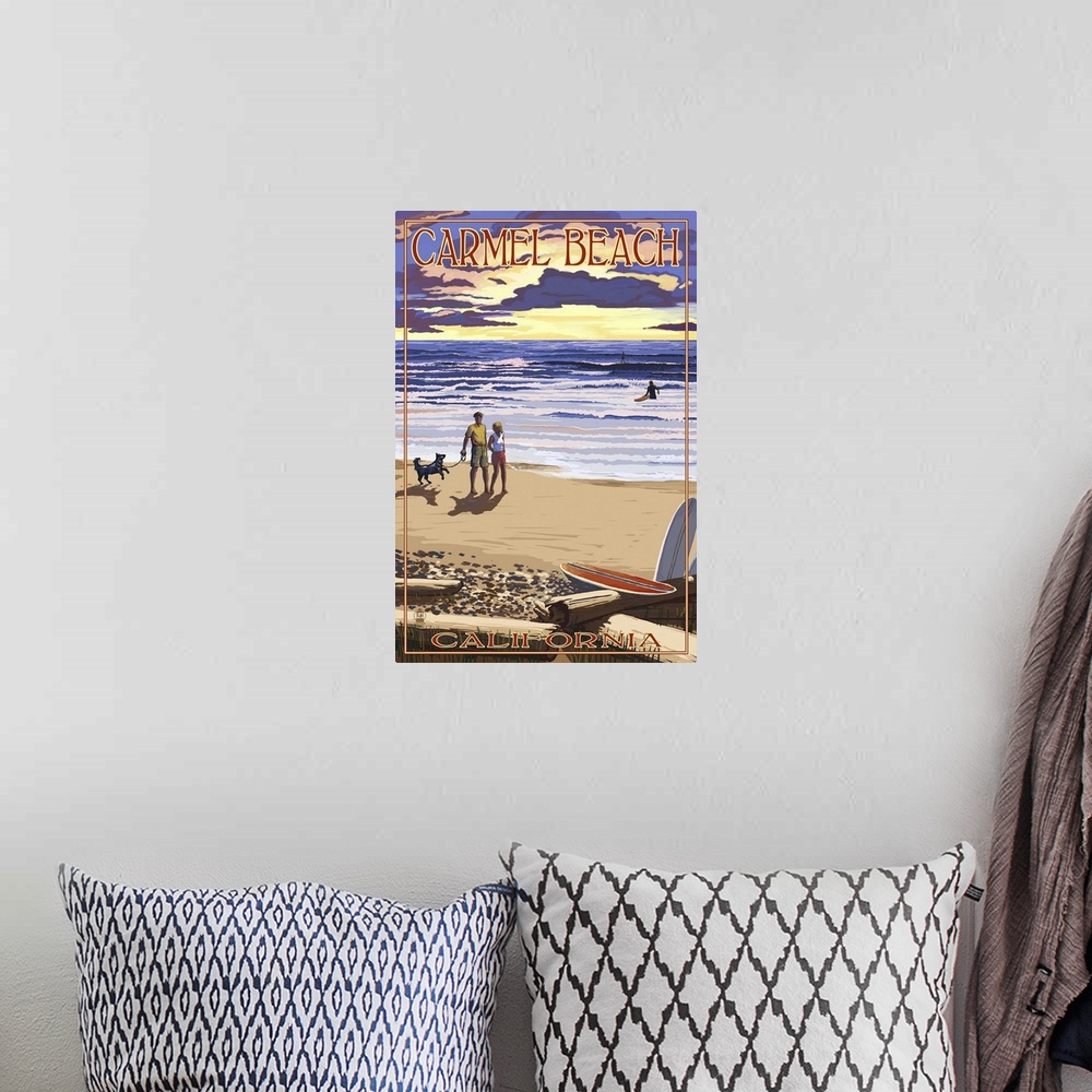 A bohemian room featuring Retro stylized art poster of a couple with dog walking along a beach.