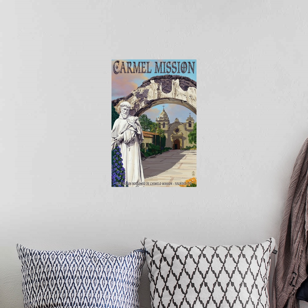 A bohemian room featuring Carmel Mission, California: Retro Travel Poster