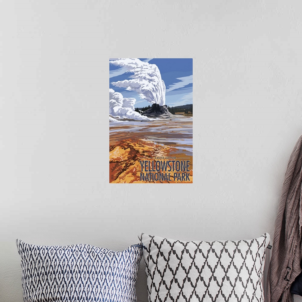 A bohemian room featuring Castle Geyser - Yellowstone National Park: Retro Travel Poster