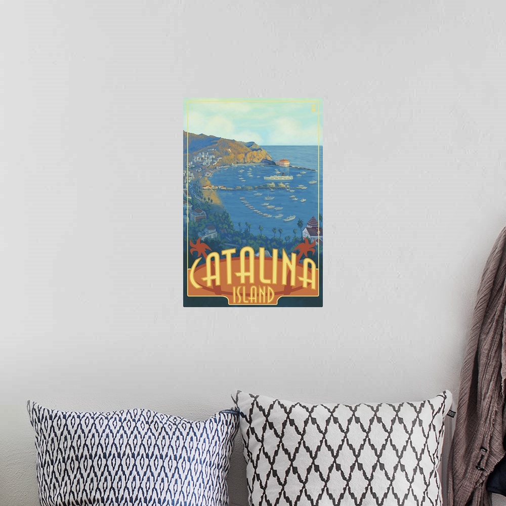 A bohemian room featuring Catalina Island, California: Retro Travel Poster