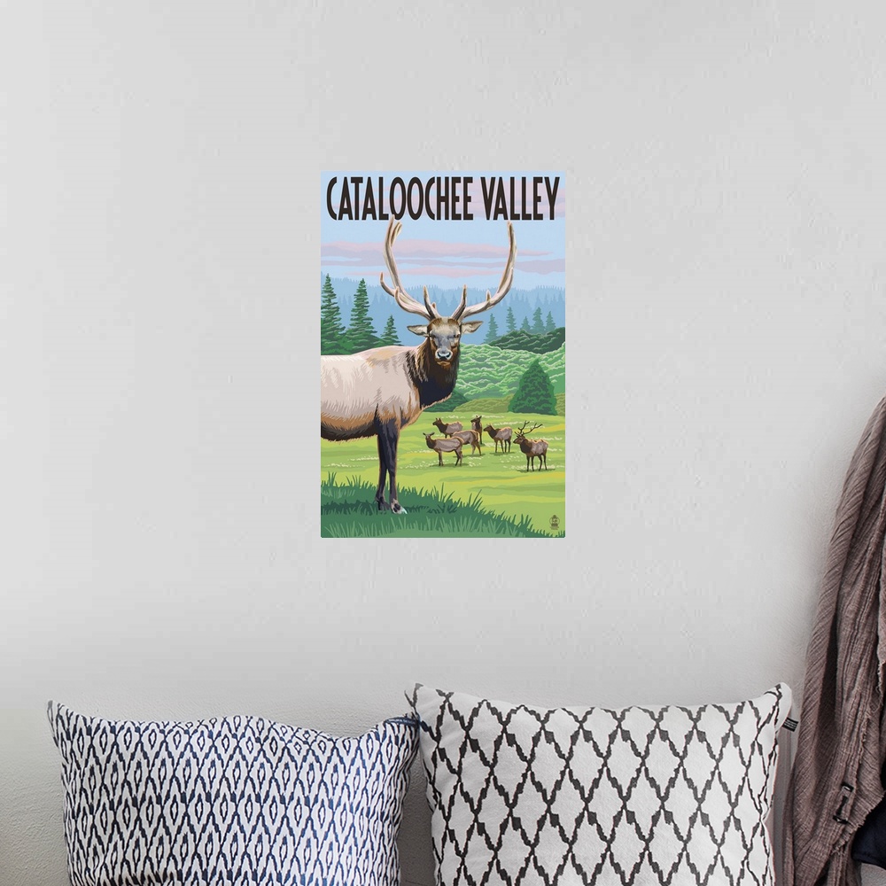 A bohemian room featuring Retro stylized art poster of an elk gazing, with a herd of elk in the background grazing in the w...
