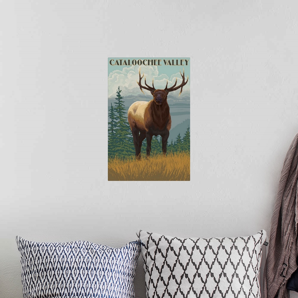 A bohemian room featuring Retro stylized art poster of an elk in the wilderness, gazing deeply at the viewer.