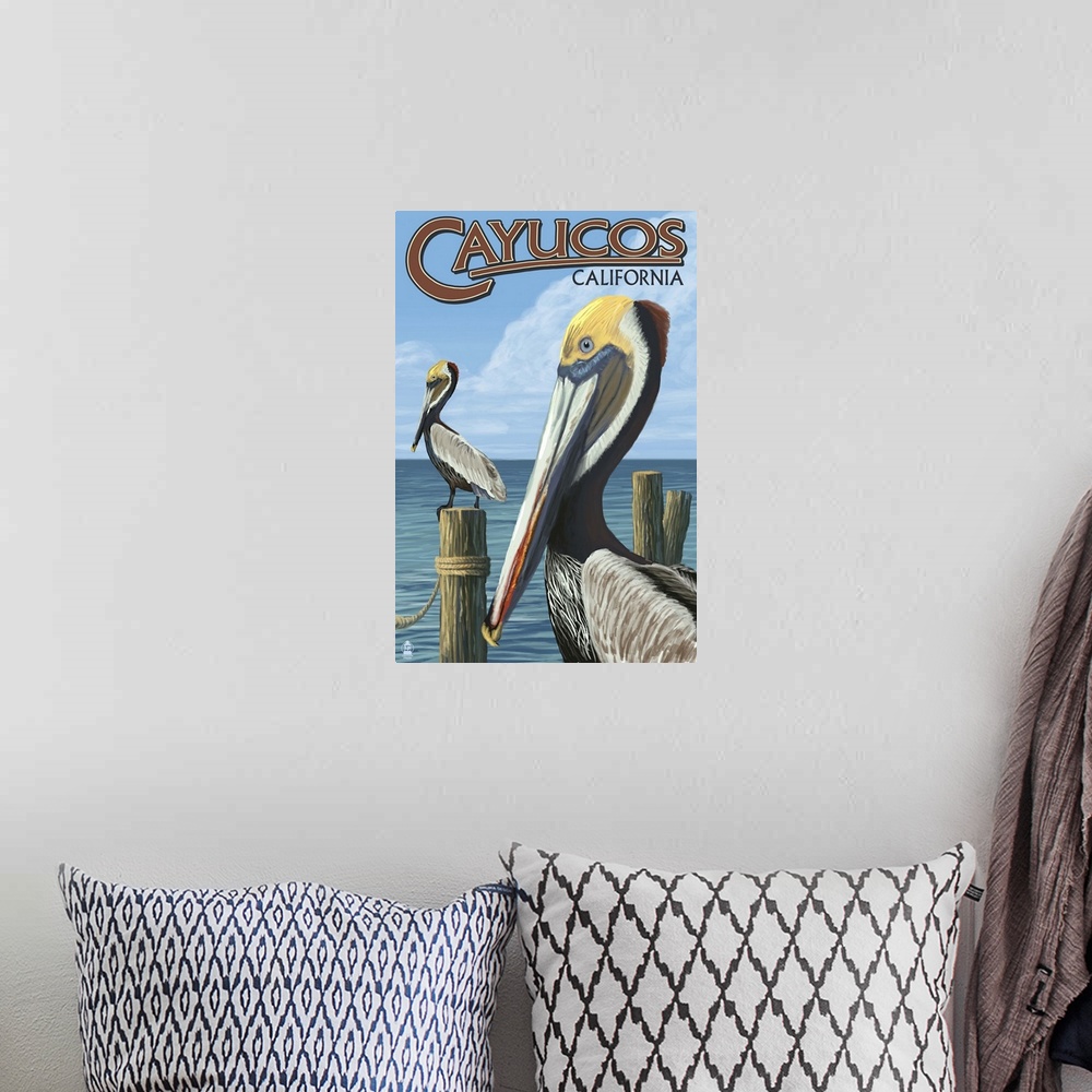 A bohemian room featuring Cayucos, California - Pelicans: Retro Travel Poster
