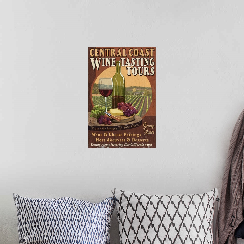 A bohemian room featuring Central Coast, California - Wine Tasting Vintage Sign: Retro Travel Poster