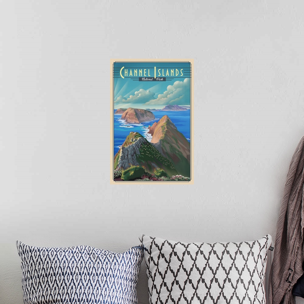 A bohemian room featuring Channel Islands National Park, Island Landscape: Retro Travel Poster