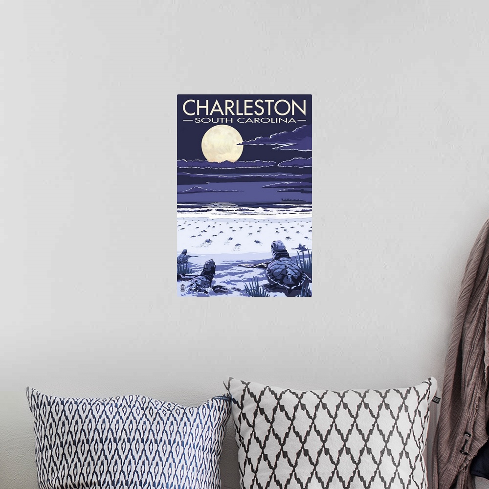 A bohemian room featuring Retro stylized art poster of baby sea turtle hatchlings making their way to the ocean at night.