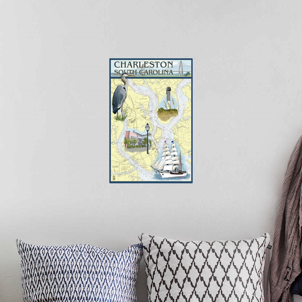 A bohemian room featuring Charleston, South Carolina - Nautical Chart: Retro Travel Poster