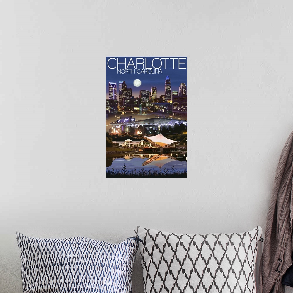 A bohemian room featuring Retro stylized art poster of a city skyline at night.