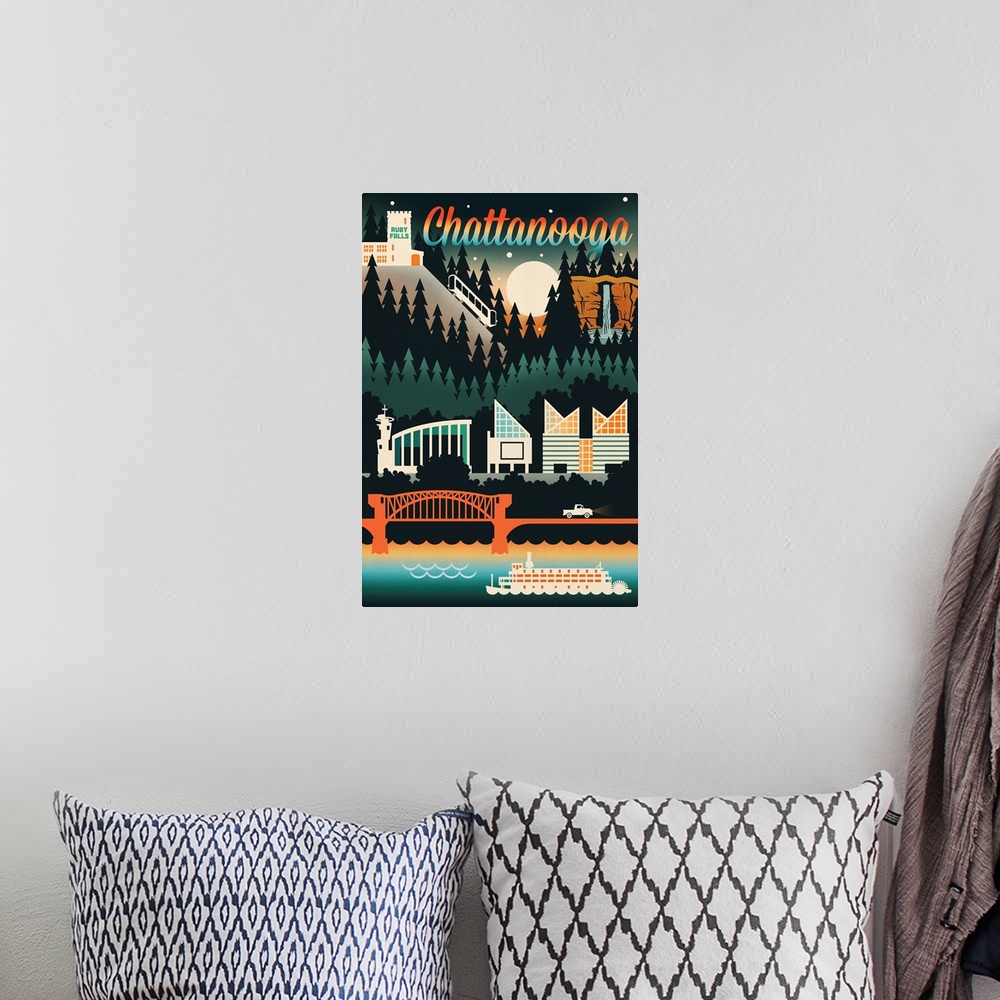 A bohemian room featuring Chattanooga, Tennessee - Retro Skyline Chromatic Series
