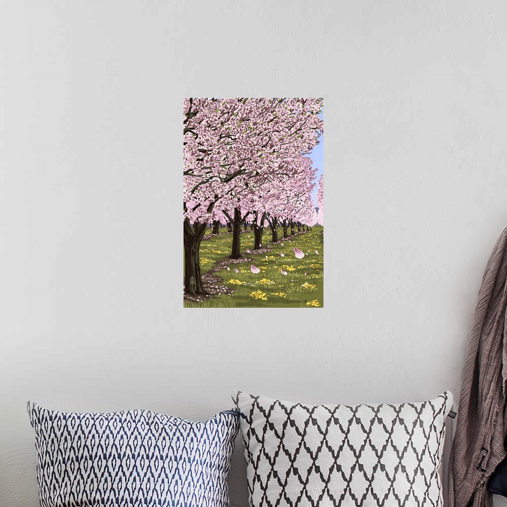 A bohemian room featuring Retro stylized art poster of a cherry blossom orchard in full bloom, with lush green grass.