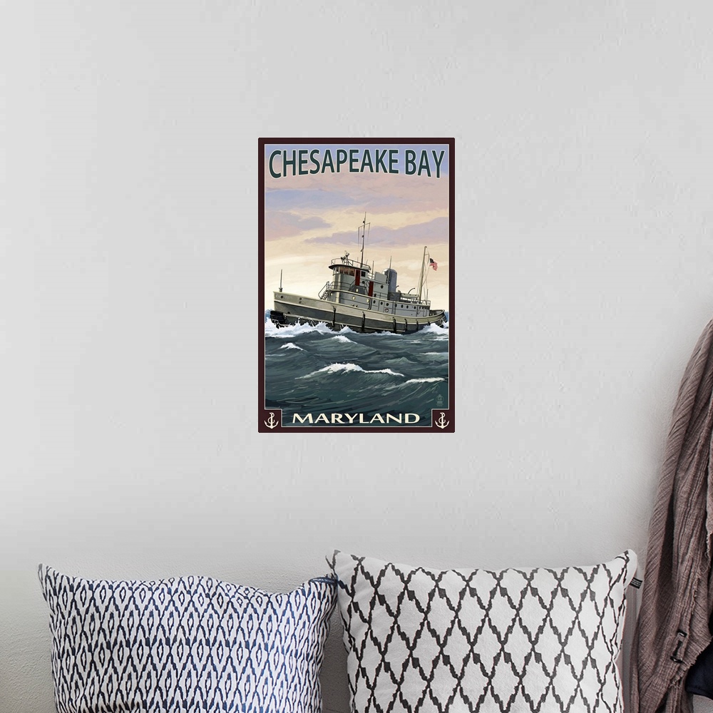 A bohemian room featuring Chesapeake Bay Tugboat Scene: Retro Travel Poster
