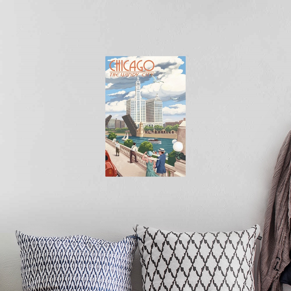 A bohemian room featuring Chicago, Illinois - River View: Retro Travel Poster