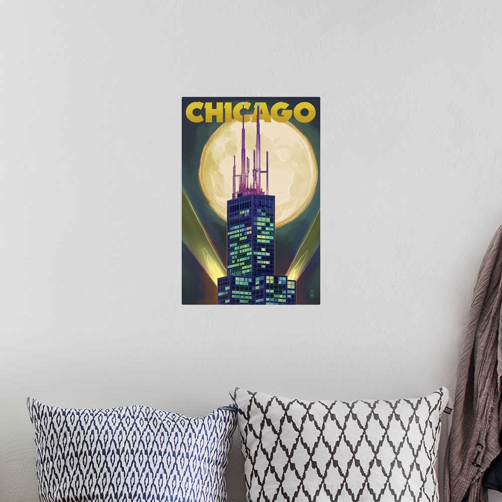 A bohemian room featuring Chicago, Illinois - Willis Tower and Full Moon: Retro Travel Poster