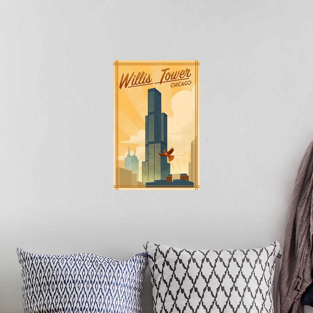 A bohemian room featuring Chicago, Illinois - Willis Tower - Lithograph