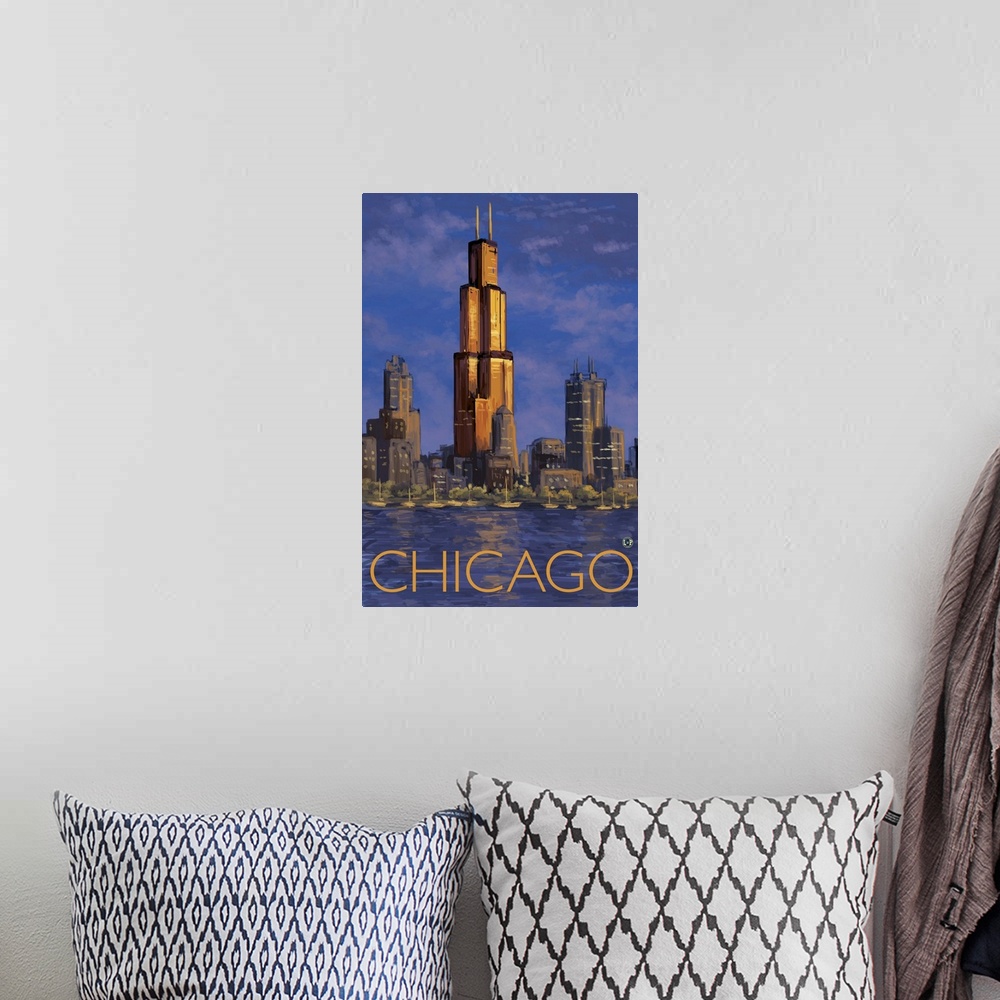 A bohemian room featuring Chicago Skyline: Retro Travel Poster