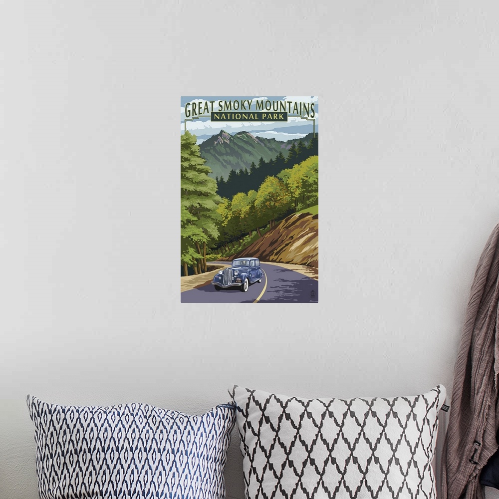 A bohemian room featuring Chimney Tops and Road - Great Smoky Mountains National Park, TN: Retro Travel Poster