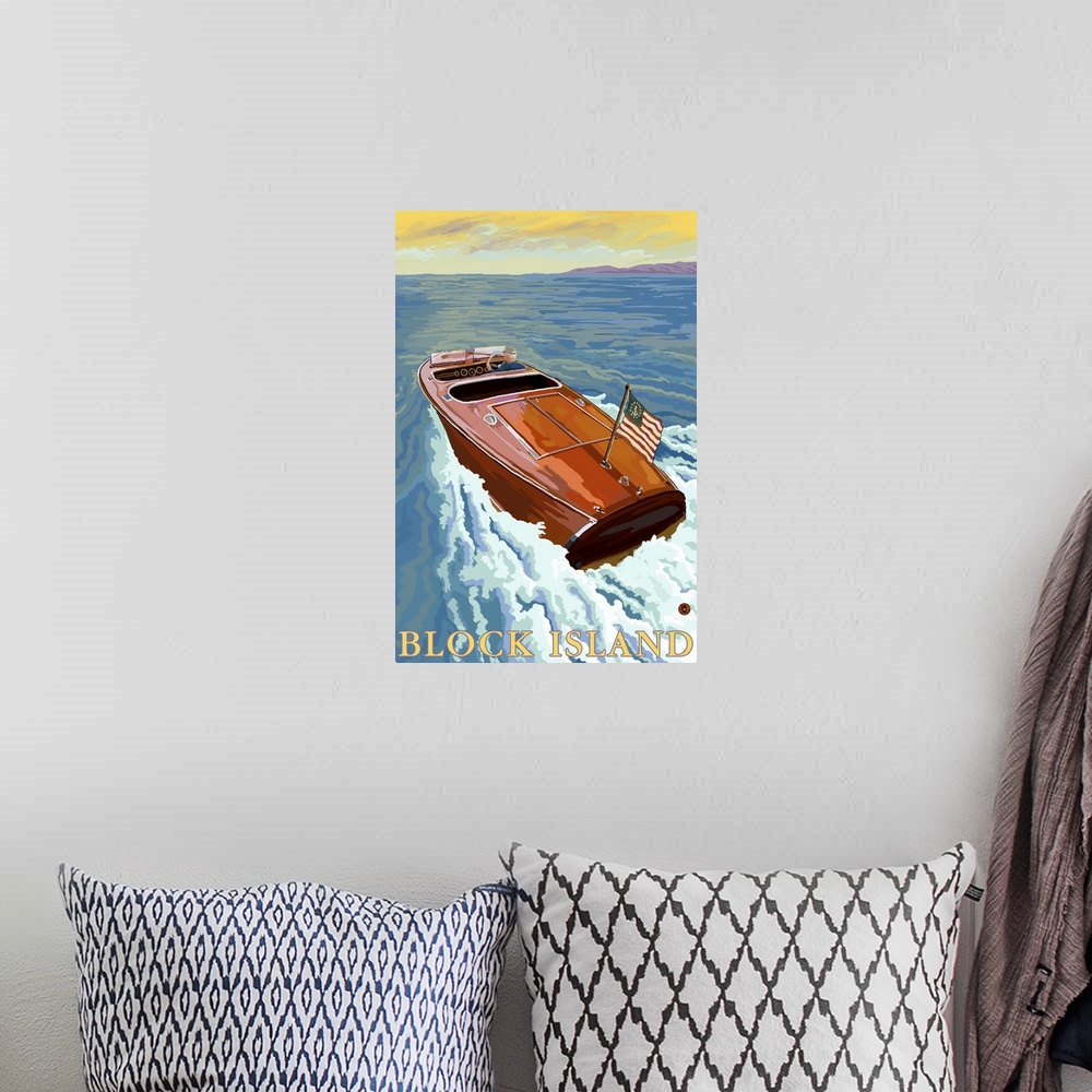A bohemian room featuring Chris Craft Boat - Rhode Island: Retro Travel Poster