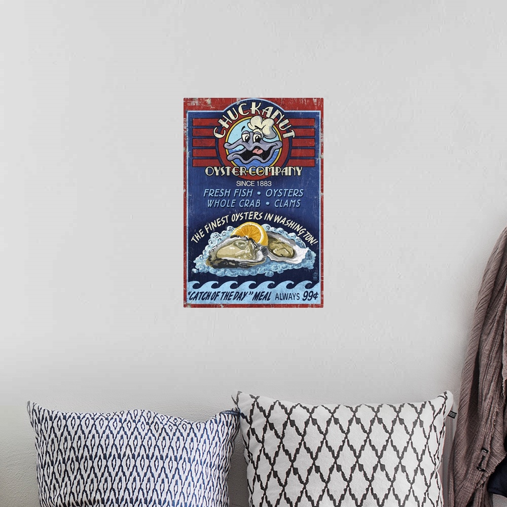 A bohemian room featuring Retro stylized art poster of a vintage seafood market sign displaying clams.