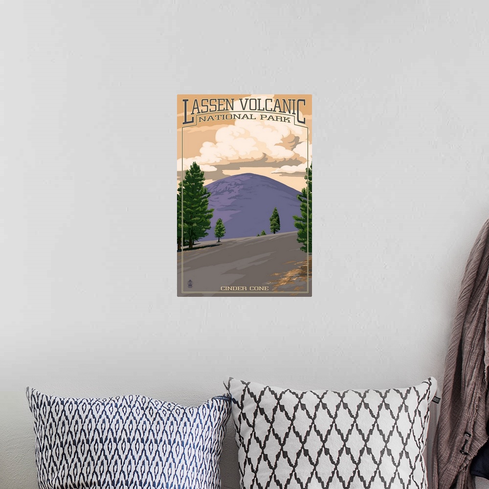 A bohemian room featuring Retro stylized art poster of a volcano peak, with a smooth landscape and spaced out trees.